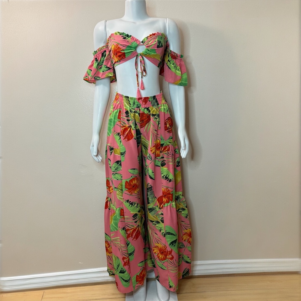 Peach floral print high waisted wide leg pants off the shoulder crop top set